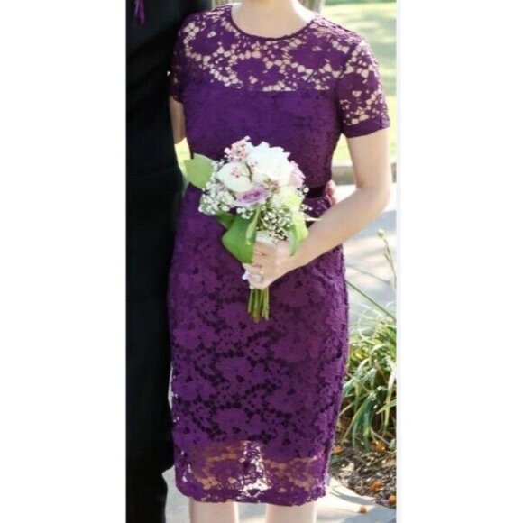 DONNA MORGAN Purple All-Over Floral Lace Sheath Dress Special‎ Occasion Sz 12 - Picture 1 of 12